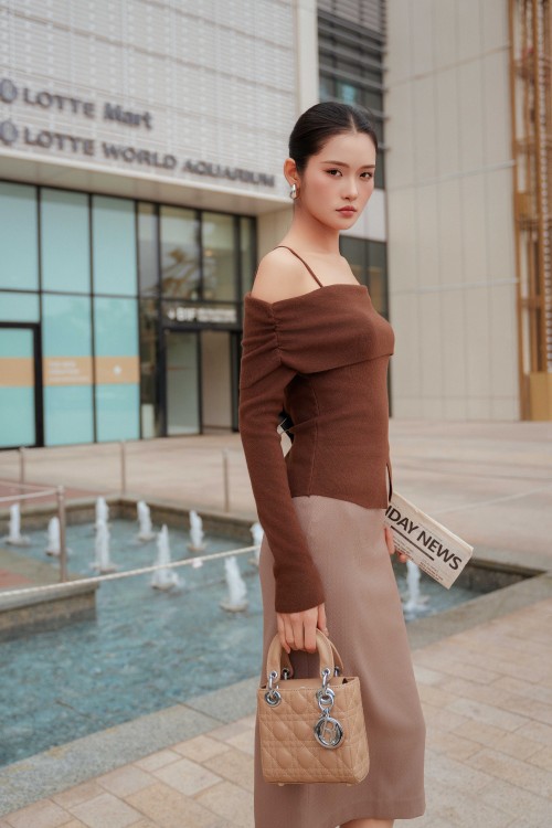 Sixdo Yellowish Brown Straight Woven Midi Skirt